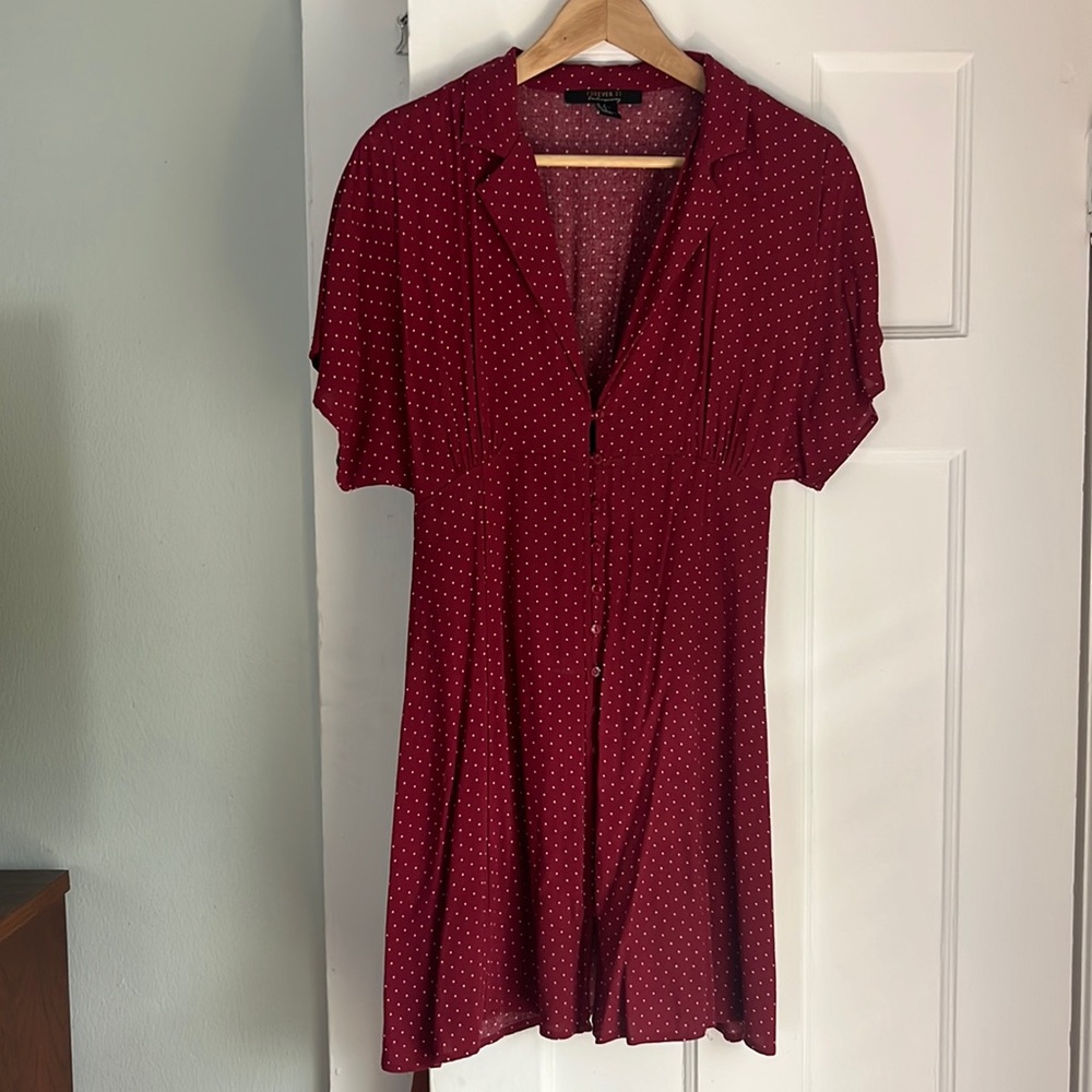 Polka Dot Burgundy Button Front Dress with Collar